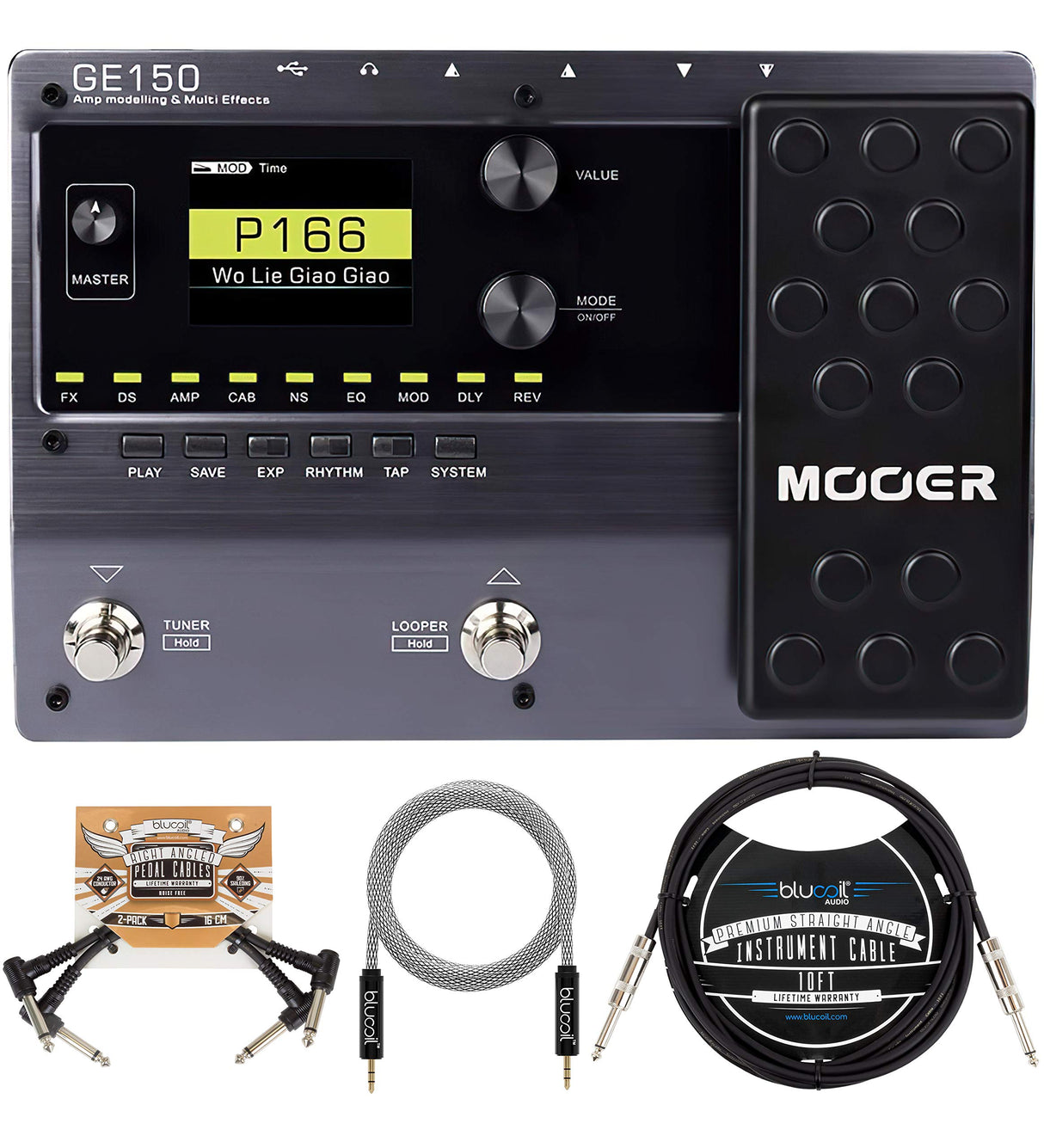 MOOER GE150 Electric Guitar Amp Modelling Multi-Effects Pedal Bundle with Blucoil 10-FT Straight Instrument Cable (1/4in), 2-Pack of Pedal Patch Cables, and 5-FT Audio Aux Cable