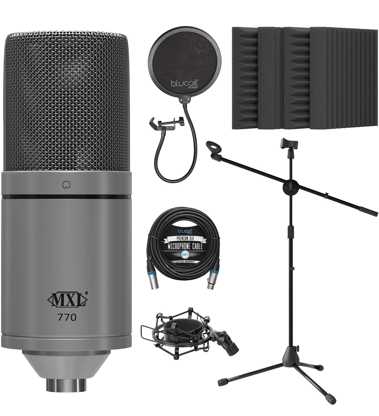 blucoil MXL 770 Cardioid Condenser Microphone (Silver) Bundle 20-FT Balanced XLR Cable, Pop Filter Windscreen, Adjustable Mic Stand, and 4-Pack of 12 Acoustic Foam Isolation Panel Wedges