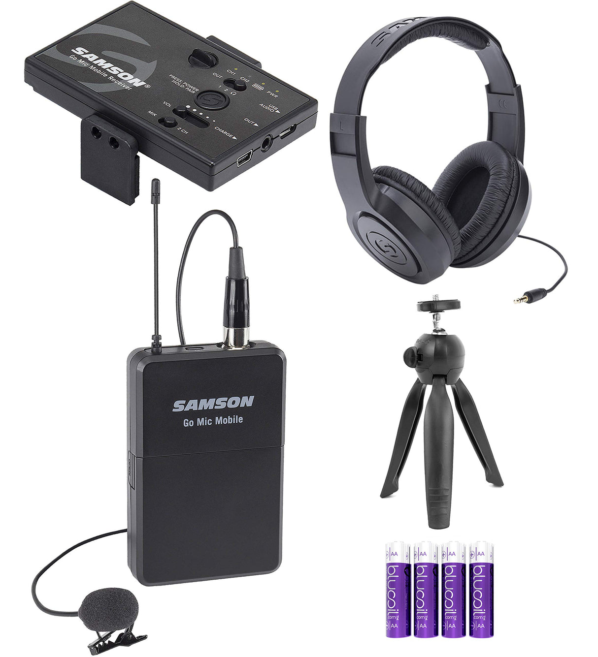 Samson Go Mic Mobile Professional Lavalier Wireless System Bundle with Table Top Camera Tripod, SR350 Over Ear Stereo Headphones, and Blucoil 4 AA Batteries