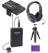 Samson Go Mic Mobile Professional Lavalier Wireless System Bundle with Table Top Camera Tripod, SR350 Over Ear Stereo Headphones, and Blucoil 4 AA Batteries