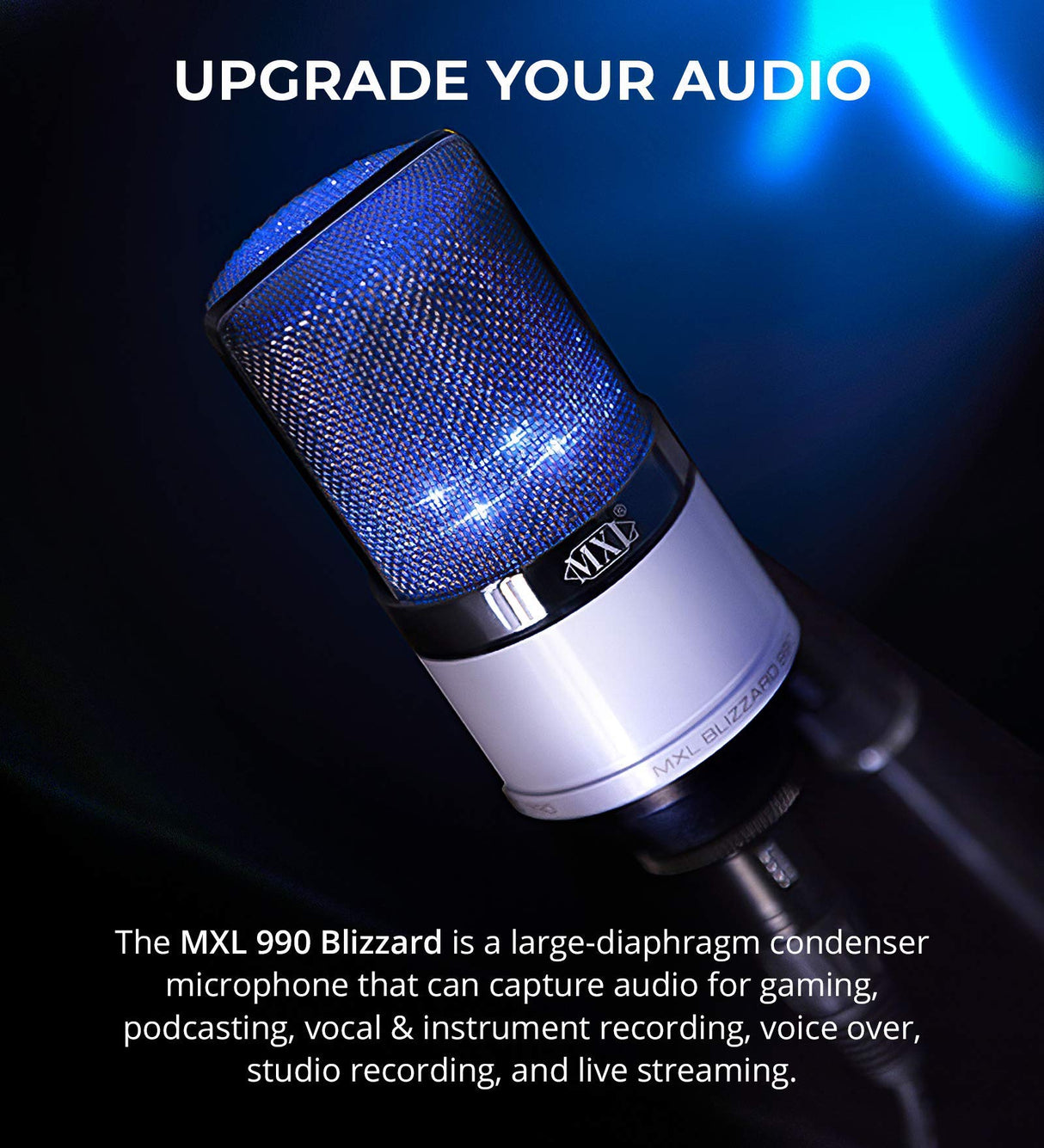 MXL 990 Blizzard Condenser Microphone with Blue LED Lights Bundle with Blucoil 4X 12 Acoustic Wedges, 10' XLR Cable, Boom Arm Plus Pop Filter, Samson SR350 Headphones, and Aluminum Headphone Hook