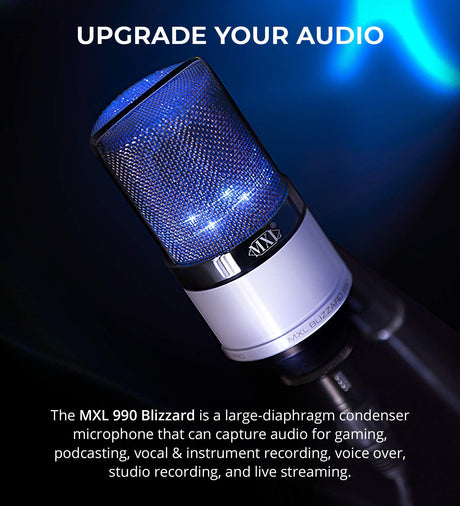 MXL 990 Blizzard Condenser Microphone with Blue LED Lights Bundle with Blucoil 4X 12 Acoustic Wedges, 10' XLR Cable, Boom Arm Plus Pop Filter, Samson SR350 Headphones, and Aluminum Headphone Hook