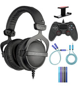 blucoil Beyerdynamic DT 770 PRO 32 Ohm Over-Ear Studio Headphones Bundle USB Gaming Controller for Windows/Mac/PS4, Y Splitter Cable, 6' 3.5mm Extension Cable, Headphone Hook, and 5X Cable Ties