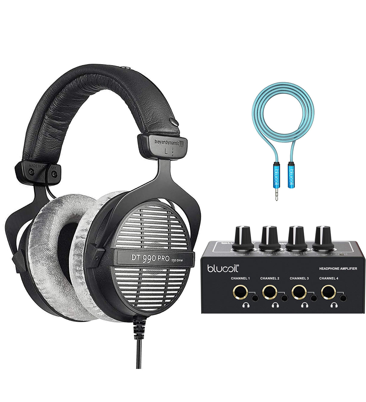 blucoil Beyerdynamic DT 990 PRO 250 Ohm Open Studio Headphones for Professional Studio Mixing Consoles and Audio Interfaces Bundle 4-Channel Headphone Amplifier, and 6' 3.5mm Extension Cable