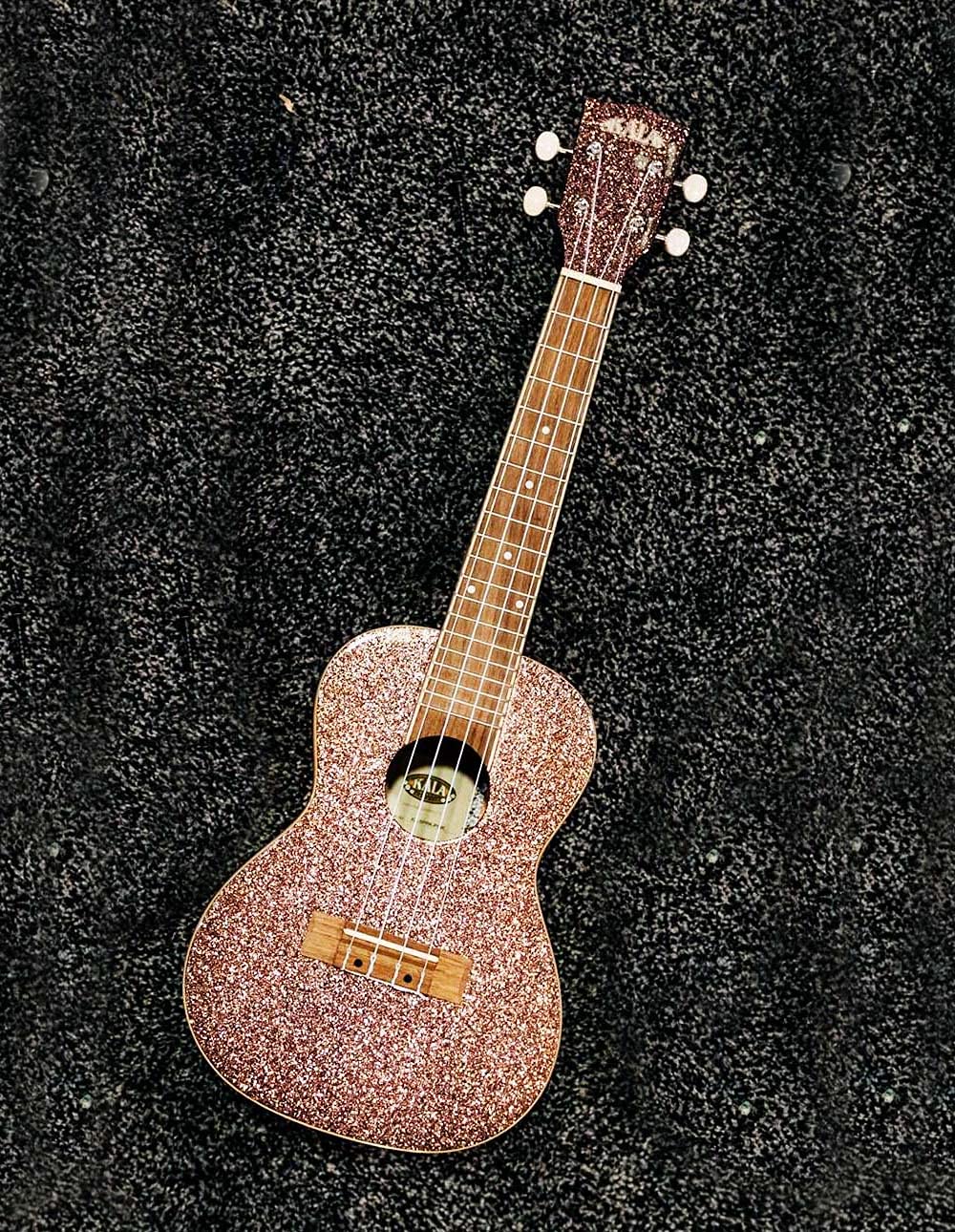 Kala KA-SPRK-PINK Sparkle Pink Champagne Concert Ukulele with Walnut Fretboard and Aquila Super Nylgut Strings Bundle with Blucoil Ukulele Accessories Kit