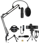 blucoil USB Cardioid Condenser Microphone with 3.5mm Headphone Jack, Volume Control, Mute Button Bundle with 1080p USB Webcam, Boom Arm Plus Pop Filter, USB-A Mini Hub, and 3' USB Extension Cable