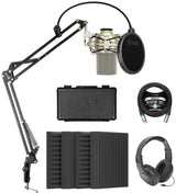 MXL 990 Cardioid Condenser Microphone (Champagne) Bundle with Blucoil 4-Pack of 12" Acoustic Foam Isolation Panel Wedges, 10' XLR Cable, Boom Arm Plus Pop Filter, and Samson SR350 Headphones