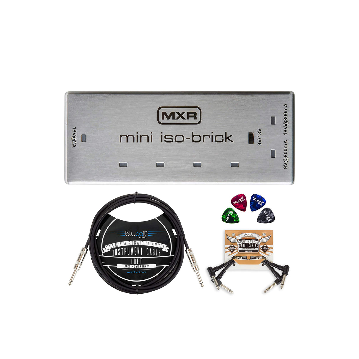 blucoil MXR M239 Mini Iso-Brick Isolated Power Supply for Effects Pedals Bundle 10-FT Straight Instrument Cable (1/4in), 2-Pack of Pedal Patch Cables, and 4-Pack of Celluloid Guitar Picks