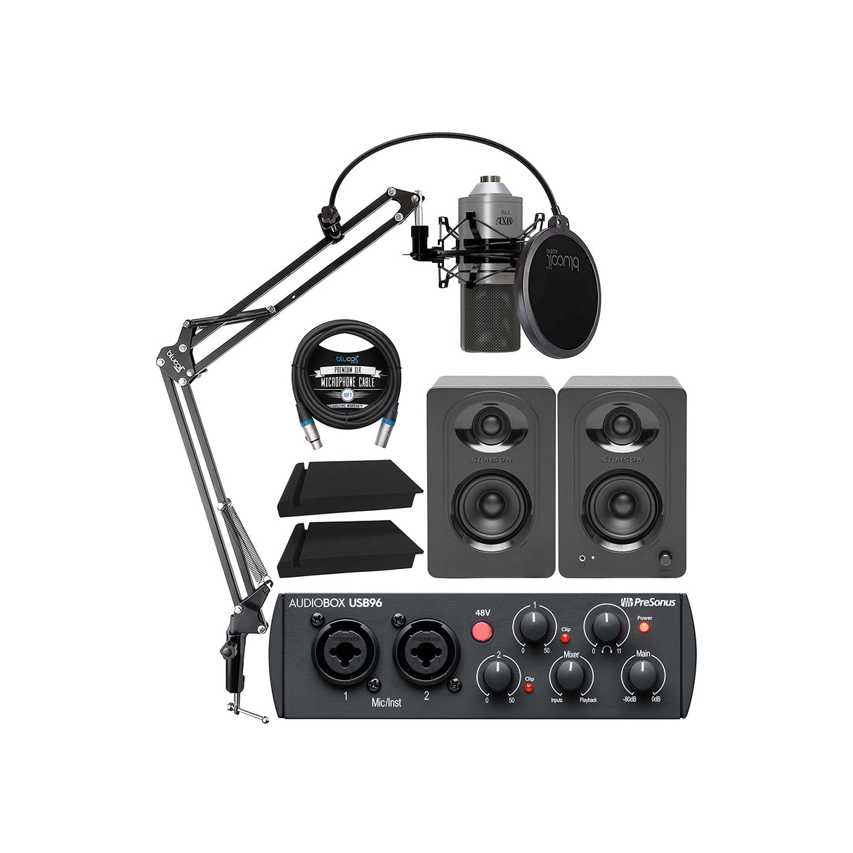 PreSonus AudioBox USB 96 25th Anniversary Audio Interface Bundle with MXL 770 Microphone (Silver), MediaOne M30 Monitors, Blucoil Boom Arm Plus Pop Filter, 2x Acoustic Isolation Pads and 10' XLR Cable