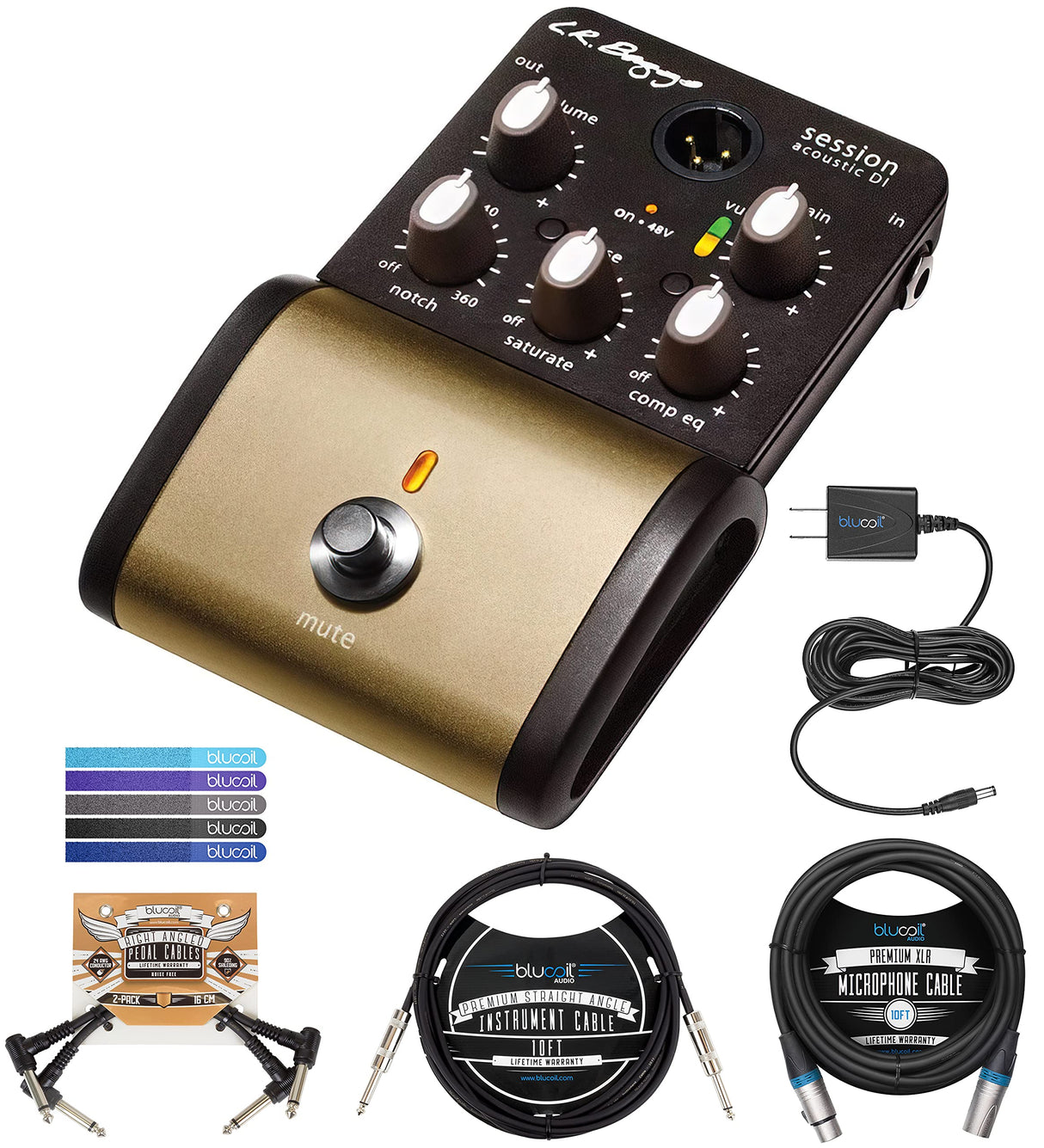 L.R. Baggs Session DI Acoustic Guitar Preamp and DI Bundle with Blucoil Slim 9V Power Supply AC Adapter, 2x Patch Cables, 10' XLR Cable, 10' Straight Instrument Cable (1/4"), and 5x Cable Ties