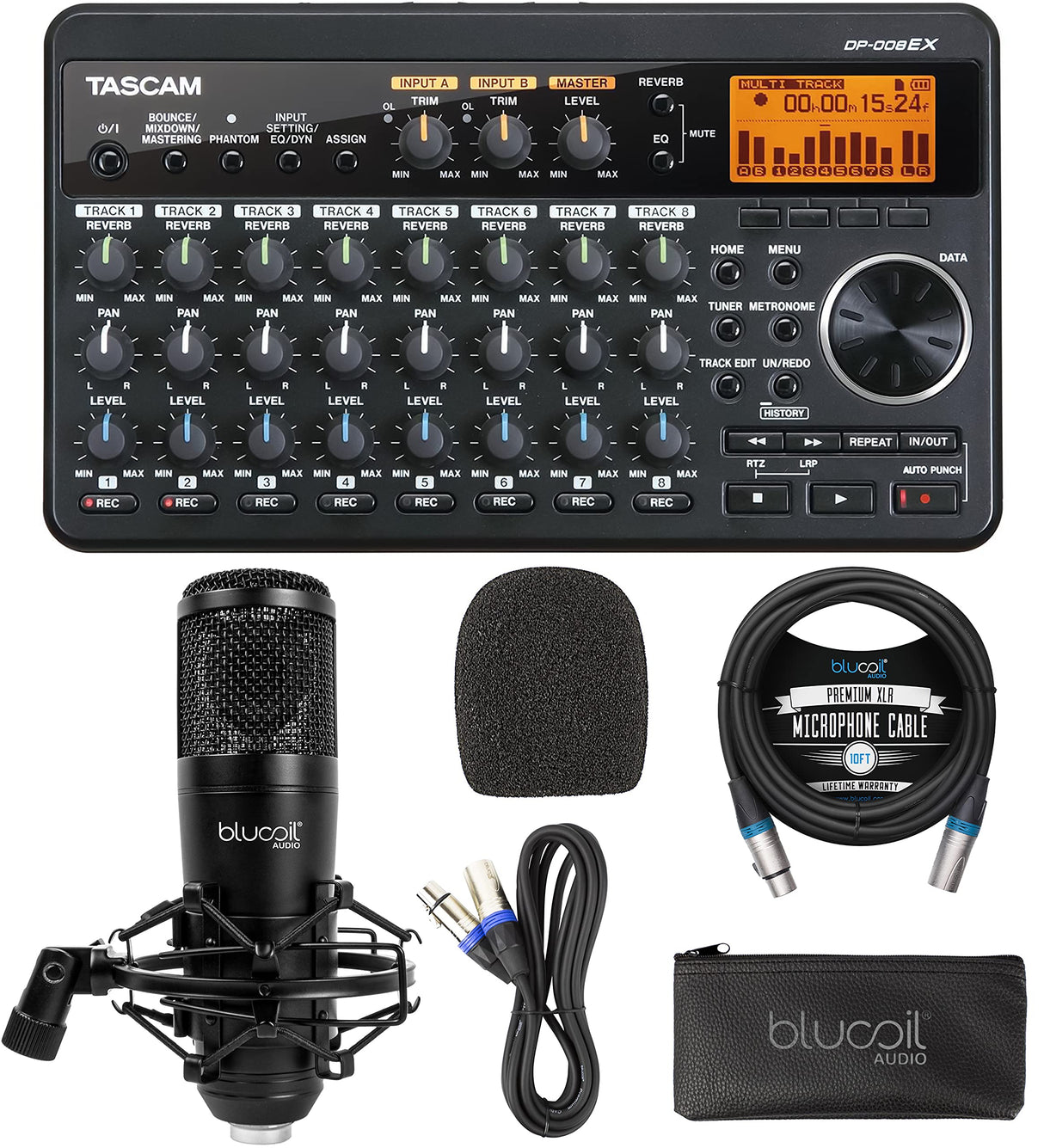 Tascam DP-008EX 8-Track Digital PocketStudio Multi-Track Audio Recorder, Black Bundle with Blucoil Cardioid Condenser Studio XLR Microphone, and 10-FT Balanced XLR Cable