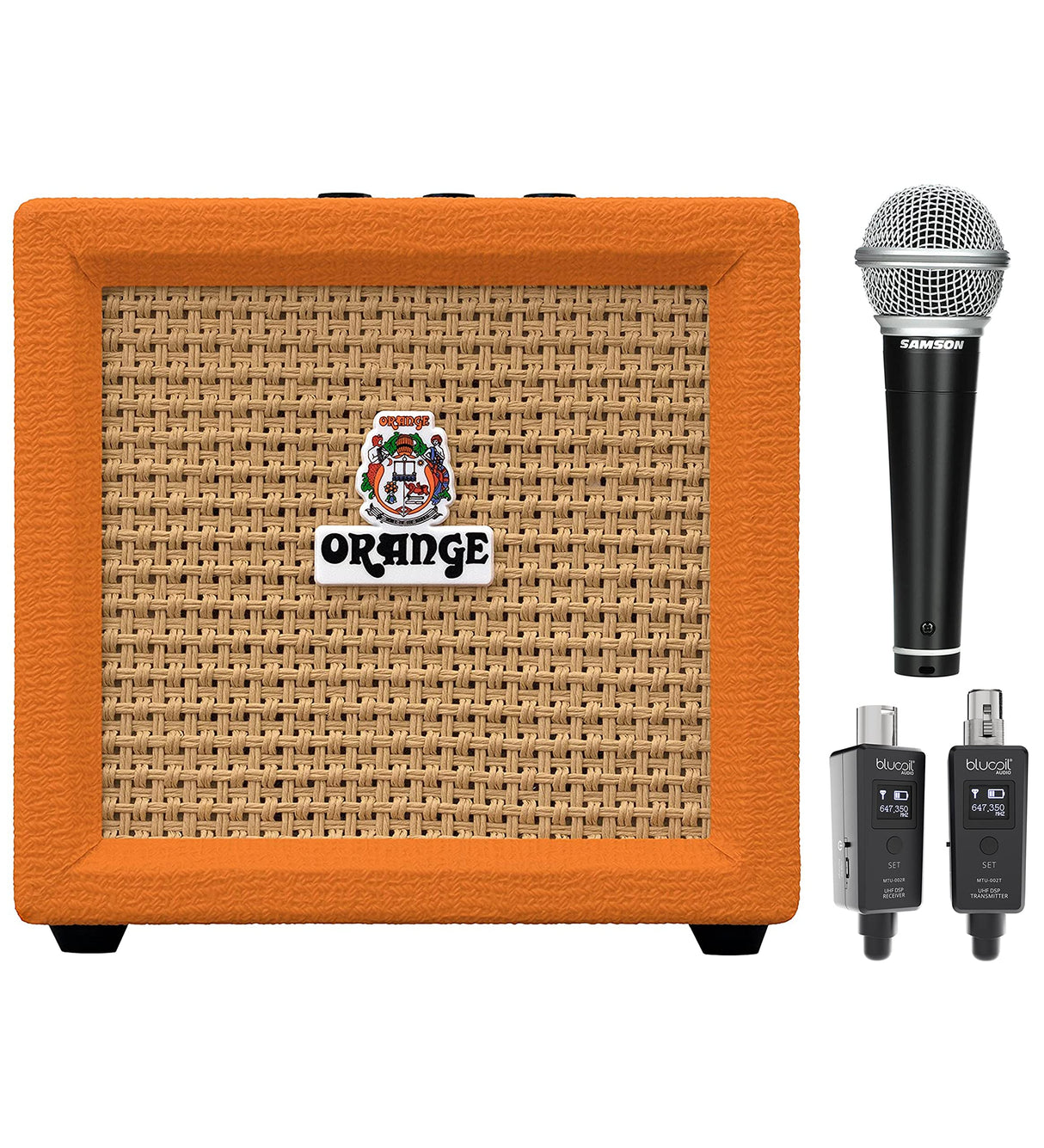 Orange Amps Crush Mini 3W Analogue Combo Amp for Guitars (Orange) Bundle with Blucoil Wireless Mic System, and Samson R21S Dynamic Microphone