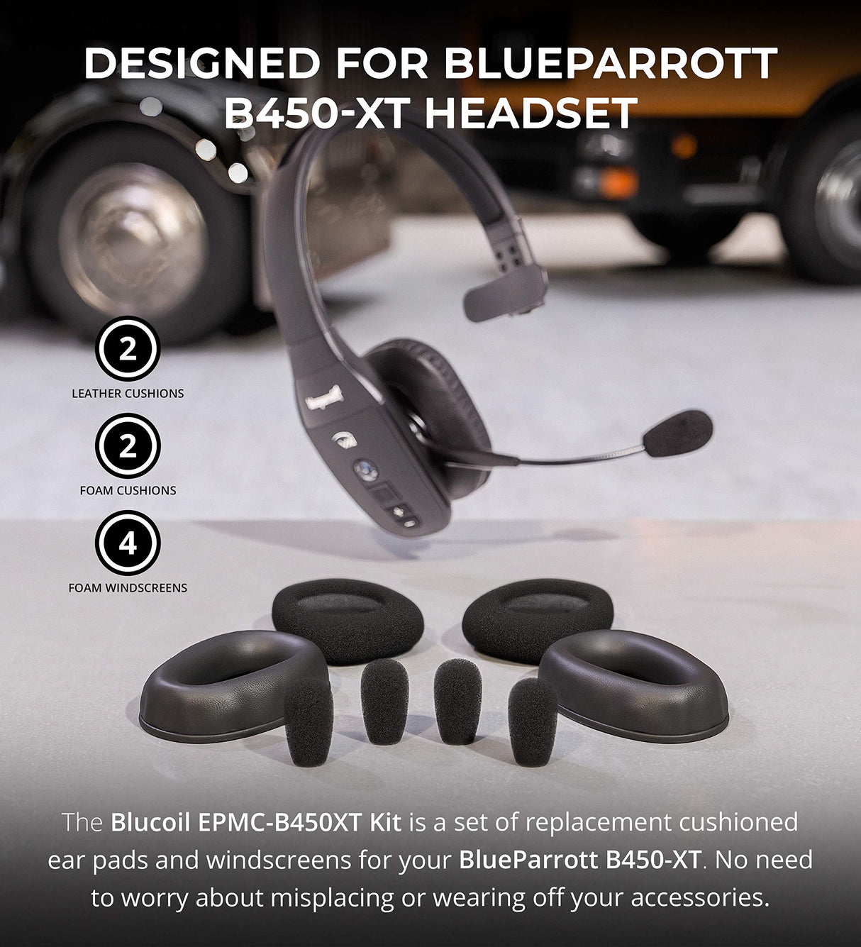 Blucoil EPMC-B450XT Replacement Ear Pad Cushions and Microphone Windscreens Kit for Blueparrott B450-XT Classic Headset