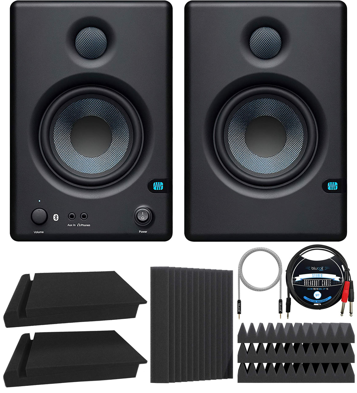 PreSonus Eris E4.5 BT - 4.5" Near Field Studio Monitors with Bluetooth & 50W Power Bundle with Blucoil 2X Isolation Pads, 4X 12 Acoustic Wedges, 5' TRS to TS Stereo Breakout Cable, and 5' Aux Cable