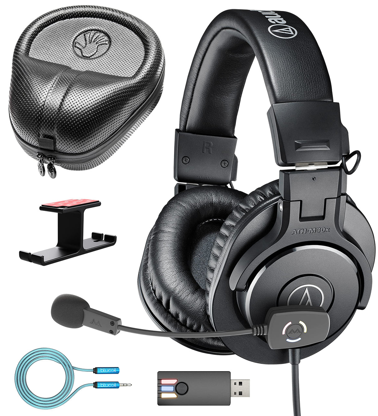 blucoil Audio Technica ATH-M30x Professional Studio Monitor Headphones Bundle with Audio ModMic Wireless, 6' 3.5mm Extension Cable, Headphone Hook, and Slappa Headphone Case