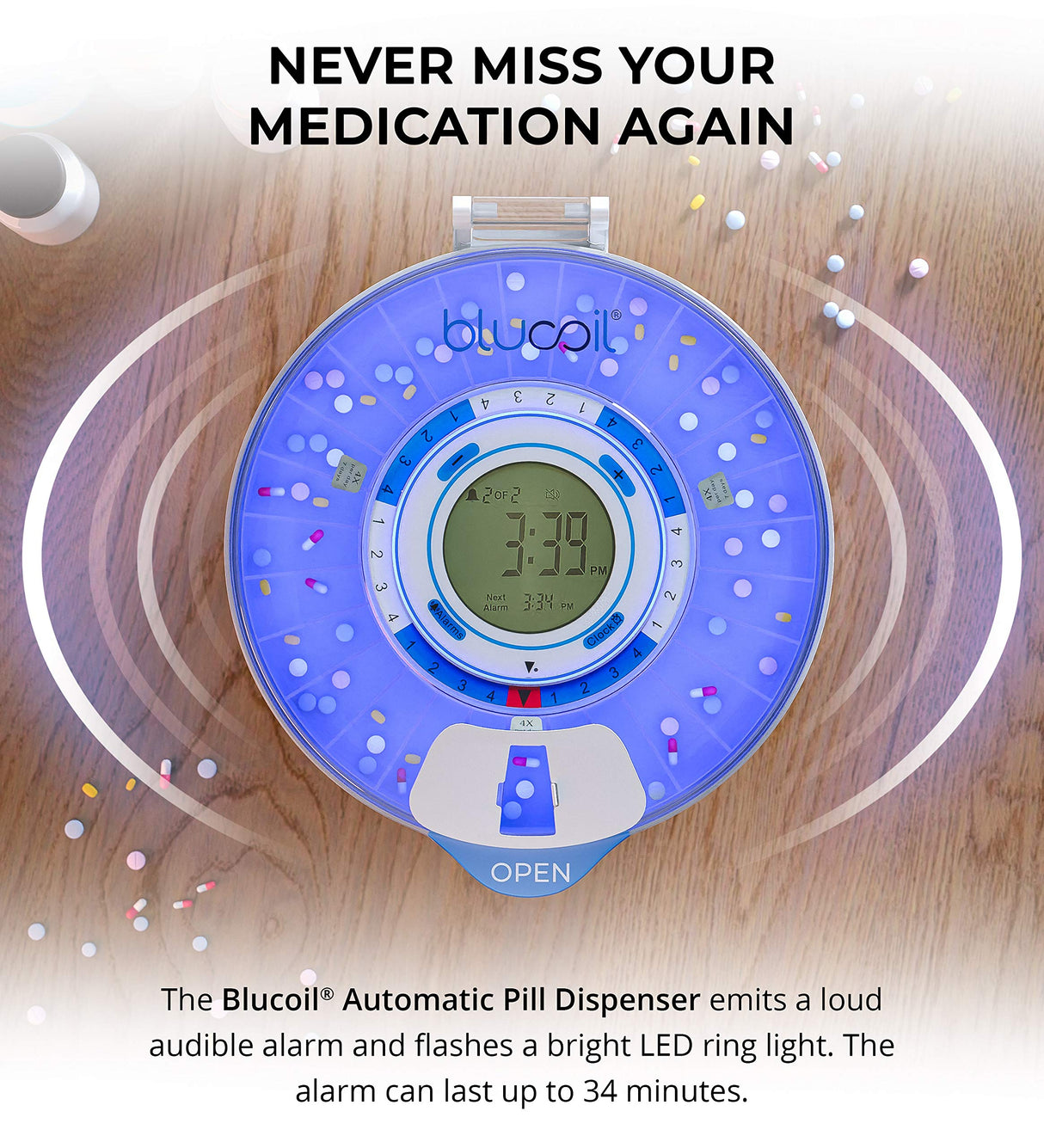 Blucoil 28-Day Automatic Pill Dispenser with Medication Alarm Reminder, Electronic LED Flasher, and Dual Safety Locks