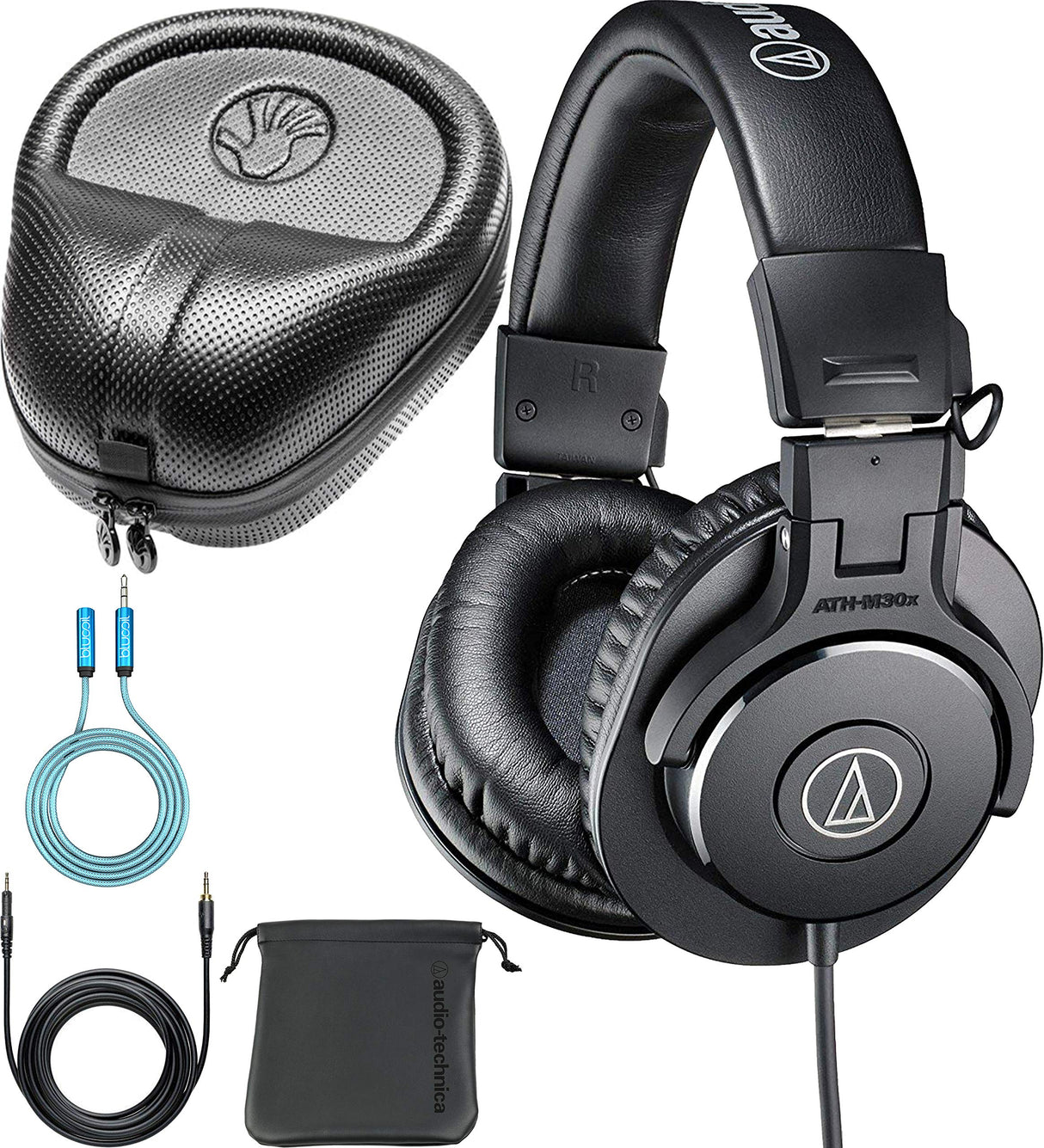 blucoil Audio Technica ATH-M30x Professional Studio Monitor Headphones (Black) Bundle 6-FT Headphone Extension Cable (3.5mm), and Slappa Full-Sized HardBody Pro Headphone Case