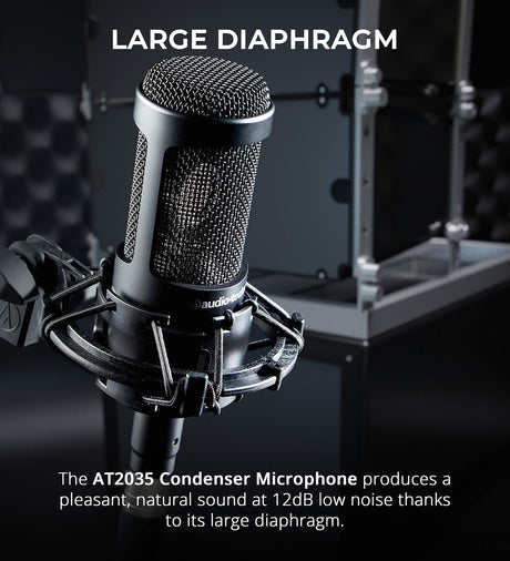 blucoil Audio Technica AT2035 Cardioid Condenser Microphone for Studio, Podcasting & Streaming Bundle Portable USB Audio Interface for Windows and Mac, Boom Arm Plus Pop Filter, and 10' XLR Cable