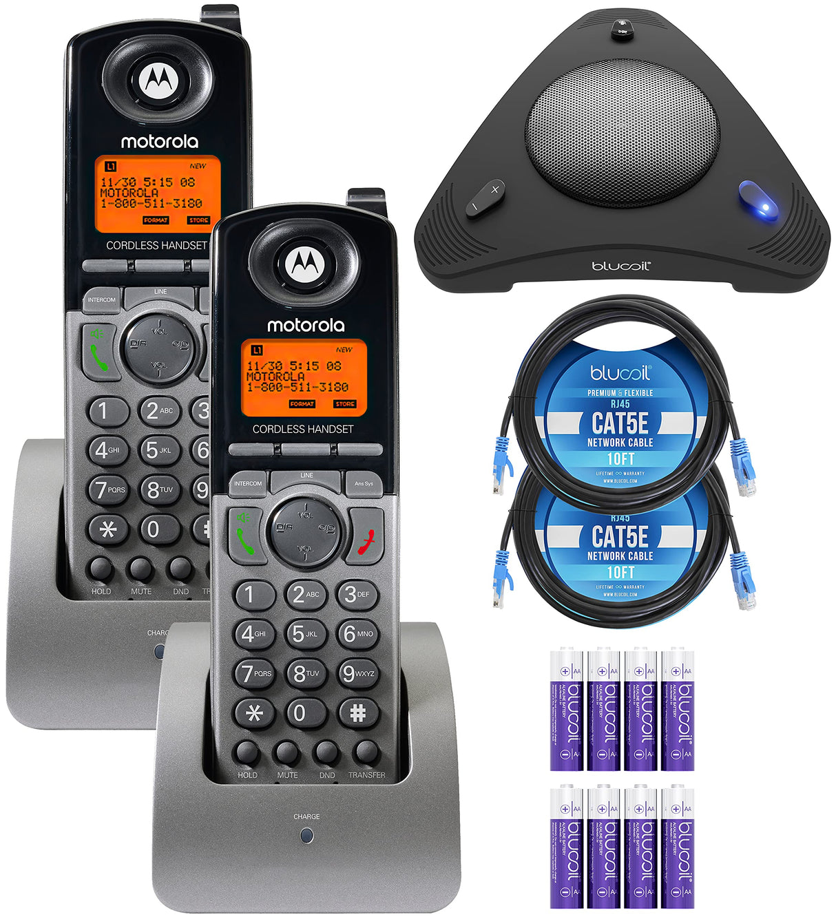 Moto rola ML1200 DECT 6.0 Expandable 4-Line Business Phone System with Voicemail (2-Pack) Bundle with Blucoil 8 AAA Batteries, 10' Cat5e Cables (2-Pack), and USB Conference Speakerphone