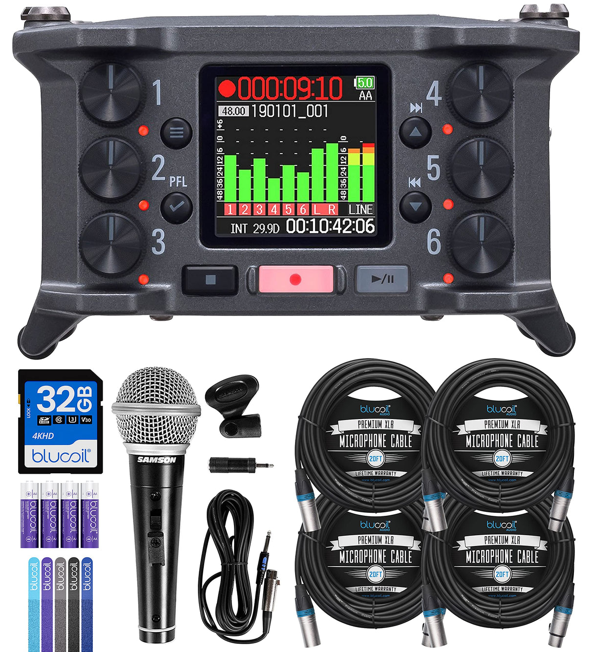 Zoom F6 Multi-Track Field Recorder Bundle with R21S Dynamic Microphone, Blucoil 32GB SDHC Memory Card, Blucoil 4-Pack of 20-FT Balanced XLR Cables, 5-Pack of Cable Ties, and 4 AA Batteries