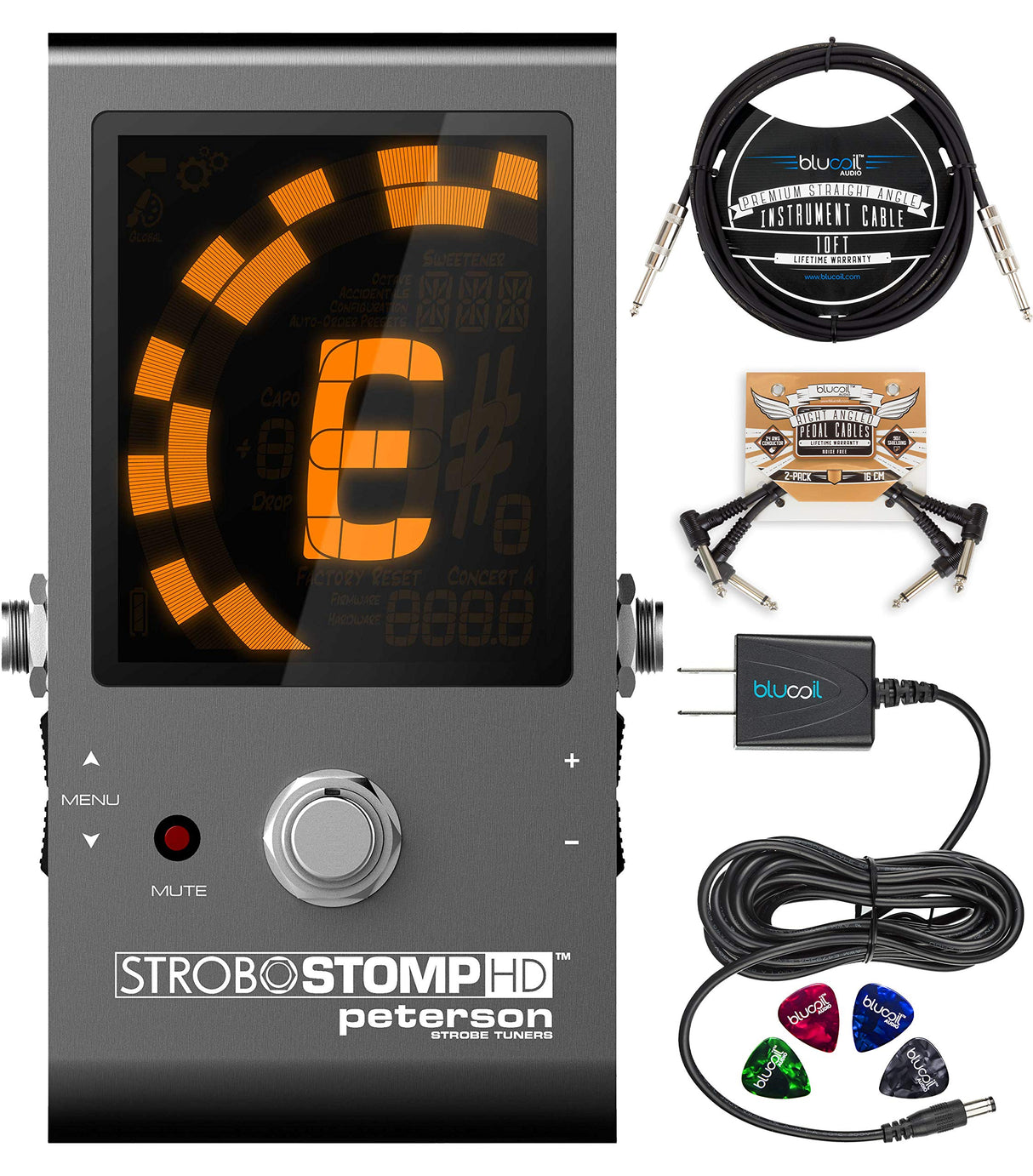 Peterson StroboStomp HD Strobe Tuner Pedal for Bass and Guitars Bundle with Blucoil Slim 9V Power Supply AC Adapter, 10-FT Straight Instrument Cable (1/4in), 2x Patch Cables, and 4x Guitar Picks