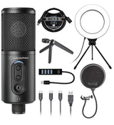 Audio-Technica ATR2500x-USB Cardioid Condenser Microphone (ATR Series) for Windows and Mac Bundle with Blucoil Pop Filter, 6" Dimmable Selfie Ring Light, USB-A Mini Hub, and 3' USB Extension Cable