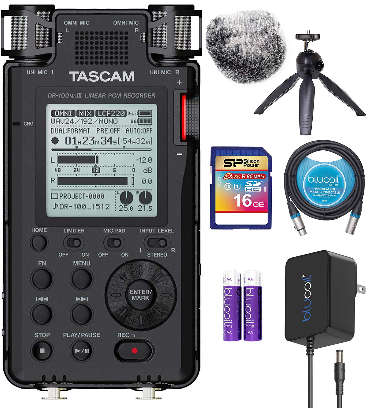 TASCAM DR-100MKIII Portable Audio Recorder Bundle with 16GB SDHC Memory Card, Blucoil 5V AC Adapter, 10-FT Balanced XLR Cable, 2 AA Batteries, Mic Furry Windscreen, and Table Top Camera Tripod