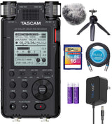 TASCAM DR-100MKIII Portable Audio Recorder Bundle with 16GB SDHC Memory Card, Blucoil 5V AC Adapter, 10-FT Balanced XLR Cable, 2 AA Batteries, Mic Furry Windscreen, and Table Top Camera Tripod