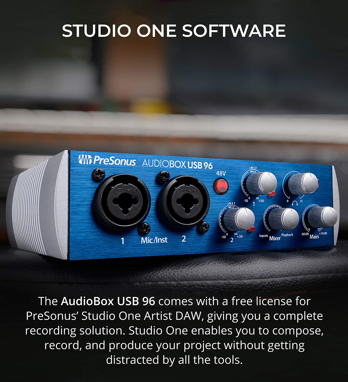 AudioBox USB 96 2x2 USB Audio Interface with Studio One Artist, Samson SR350 Over-Ear Stereo Headphones, Blucoil 2x 10' XLR Cables, 6' 3.5mm Audio Extension Cable, and 5x Cable Ties