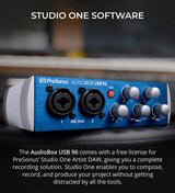 AudioBox USB 96 2x2 USB Audio Interface with Studio One Artist, Samson SR350 Over-Ear Stereo Headphones, Blucoil 2x 10' XLR Cables, 6' 3.5mm Audio Extension Cable, and 5x Cable Ties