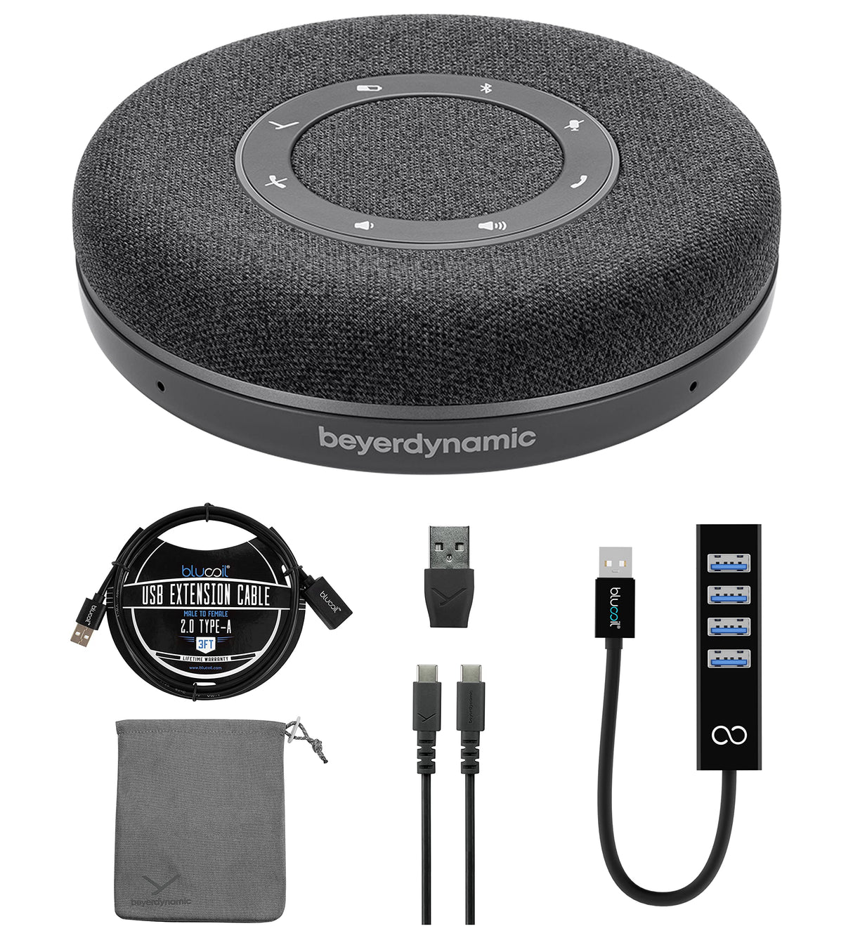 blucoil beyerdynamic Space Personal Bluetooth/USB Speakerphone (Charcoal) for Smartphones, Tablets, Laptops Bundle USB Type-A Mini Hub with 4 USB Ports, and 3-FT USB 2.0 Type-A Extension Cable