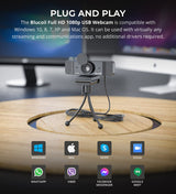 Blucoil USB Cardioid Condenser Microphone with 3.5mm Headphone Jack & Mute Button Bundle with 1080p USB Webcam, Boom Arm Plus Pop Filter, 6" Ring Light, USB-A Mini Hub, and Samson SR350 Headphones