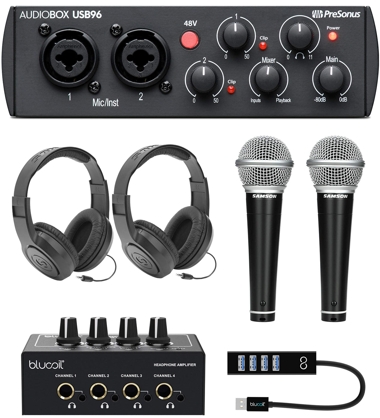 PreSonus AudioBox USB 96 25th Anniversary Edition Audio Interface Bundle with Blucoil 4-Channel Headphone Amplifier, Samson 2x R21S Dynamic Microphones, 2x SR350 Headphones, and USB-A Mini Hub