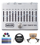 MXR M108S Ten Band EQ Guitar Effects Pedal with 18V Power Supply Bundle with Blucoil 10' Straight Instrument Cable (1/4"), 2x Patch Cables, 4x Guitar Picks, and 5x Cable Ties