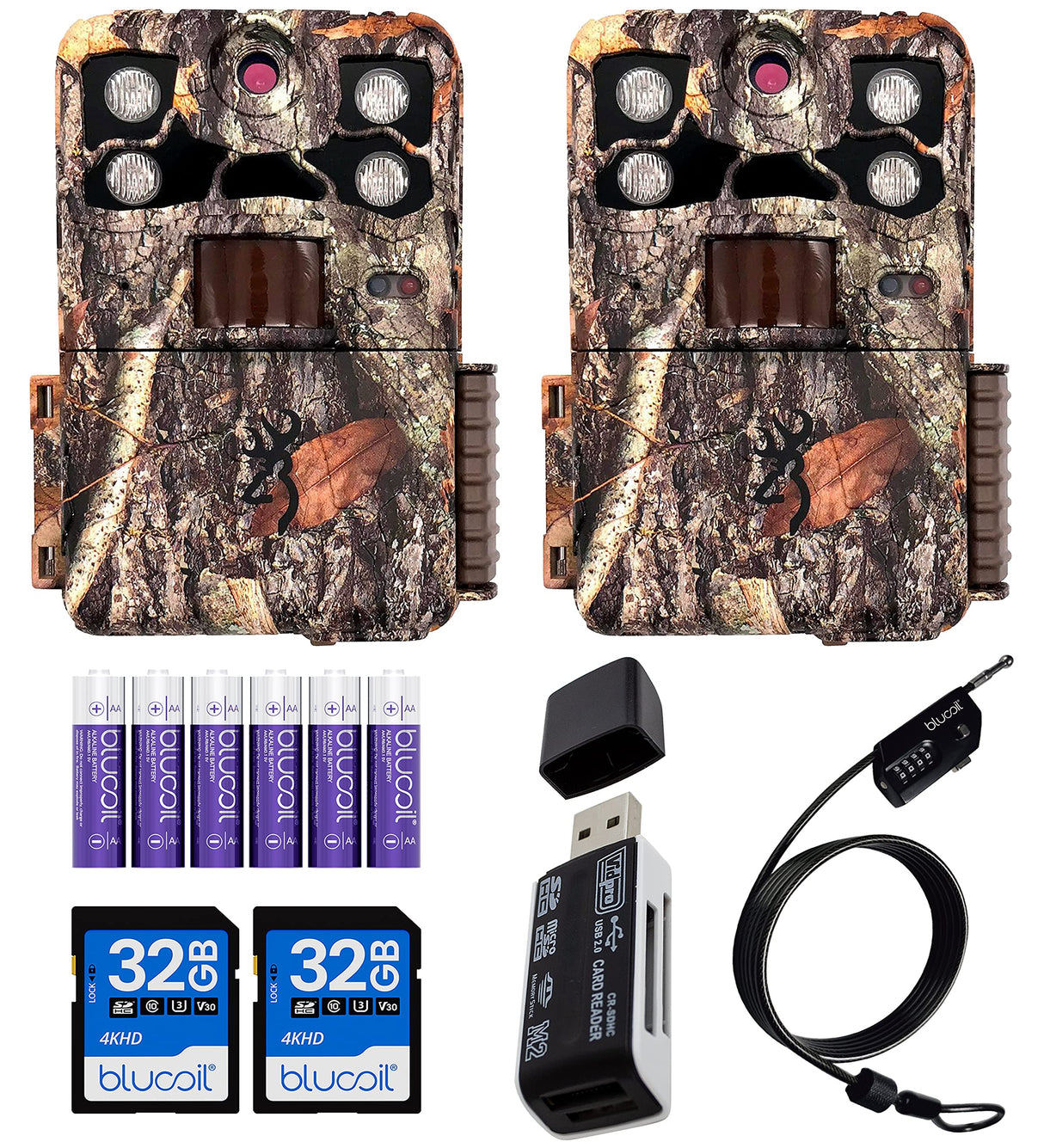 Browning BTC-7E-HP4 Recon Force Elite HP4 Trail Cameras for Outdoor Surveillance (2-Pack) Bundle with Blucoil 32GB SDHC Cards (2-Pack), 6.5' Cable Lock, 6 AA Batteries, and VidPro Card Reader