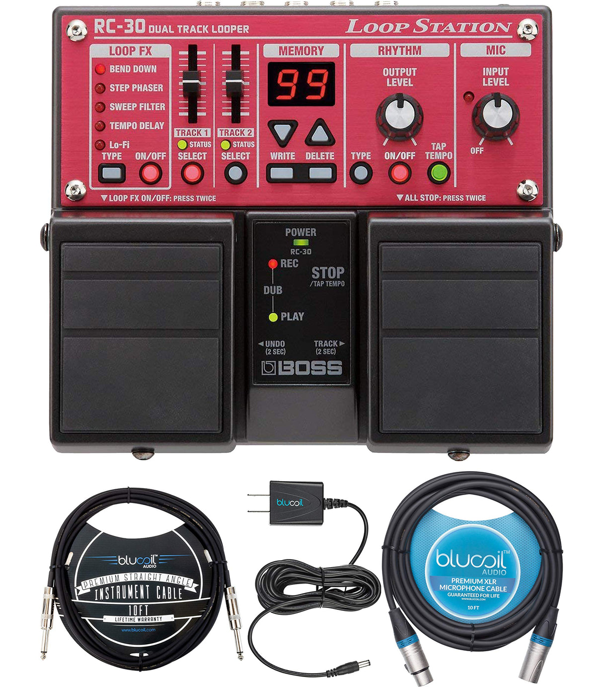 BOSS RC-30 Loop Station Bundle with AA Alkaline Batteries, Blucoil Slim 9V 670ma Power Supply AC Adapter, 10-FT Balanced XLR Cable, and 10-FT Straight Instrument Cable (1/4in)