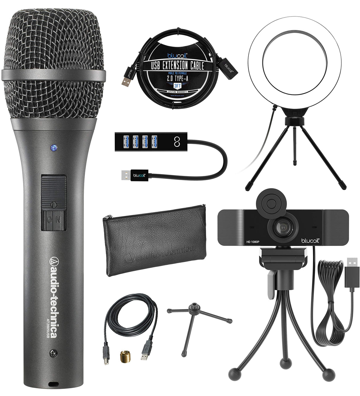Audio-Technica AT2005USB Cardioid Dynamic USB/XLR Microphone for PA Systems, Windows and Mac Bundle with Blucoil 1080p USB Webcam, 6" Ring Light, USB-A Mini Hub, and 3' USB Extension Cable