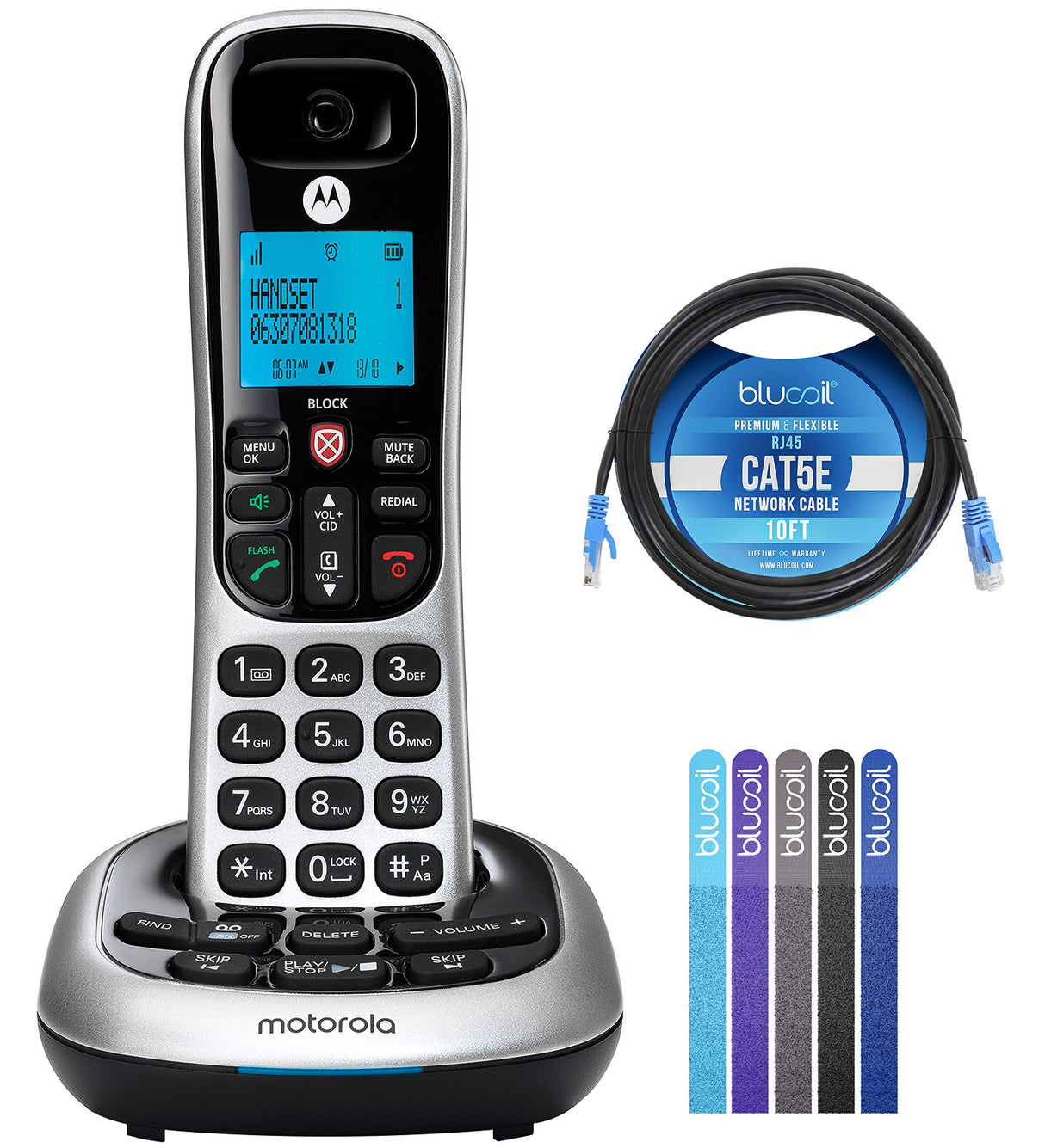 Motorola CD4011 DECT 6.0 Cordless Phone with Digital Answering Machine and Call Block Bundle with Blucoil 10-FT 1 Gbps Cat5e Cable, and 5-Pack of Reusable Cable Ties