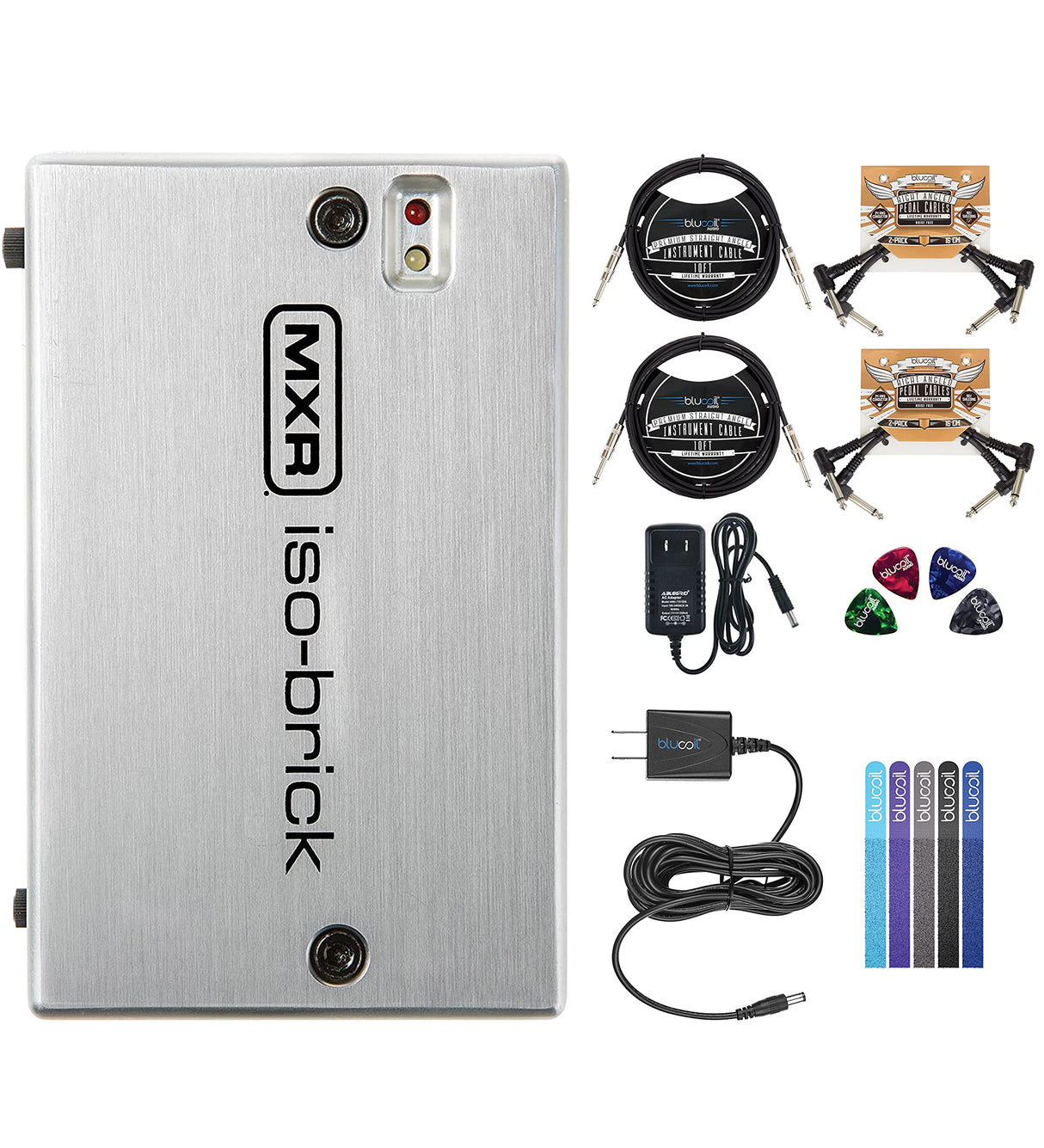 MXR M238 Iso-Brick Power Supply Bundle with Blucoil 9V AC Adapter, 2X 10' Straight Instrument Cable (1/4"), 4X Pedal Patch Cables, 4X Celluloid Guitar Picks, and 5X Reusable Cable Ties