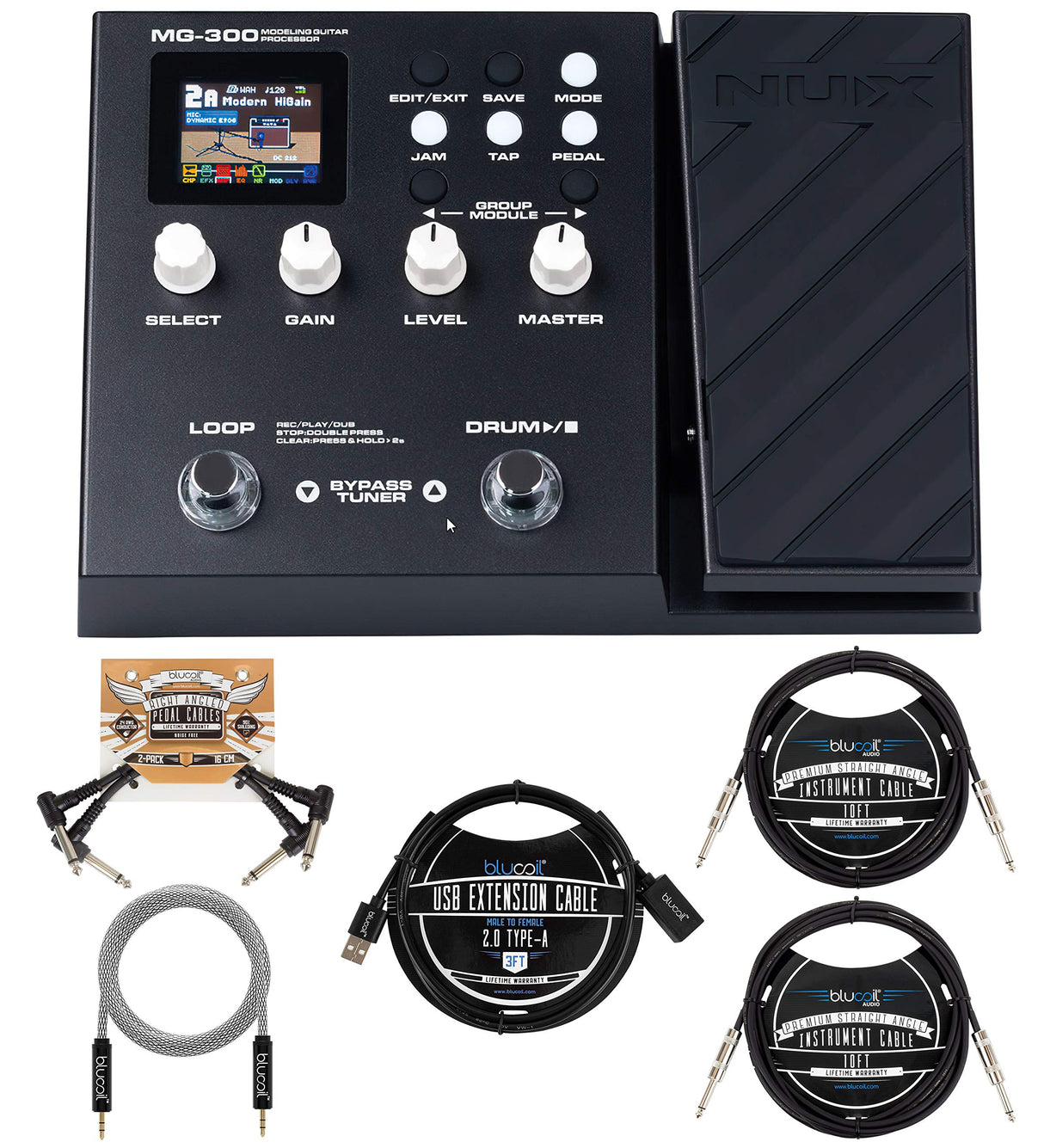 NUX MG-300 Multi Effects Pedal Bundle with Blucoil 2-Pack of 10-FT Straight Instrument Cables (1/4in), 2-Pack of Pedal Patch Cables, 5-FT Audio Aux Cable, and 3-FT USB 2.0 Type-A Extension Cable