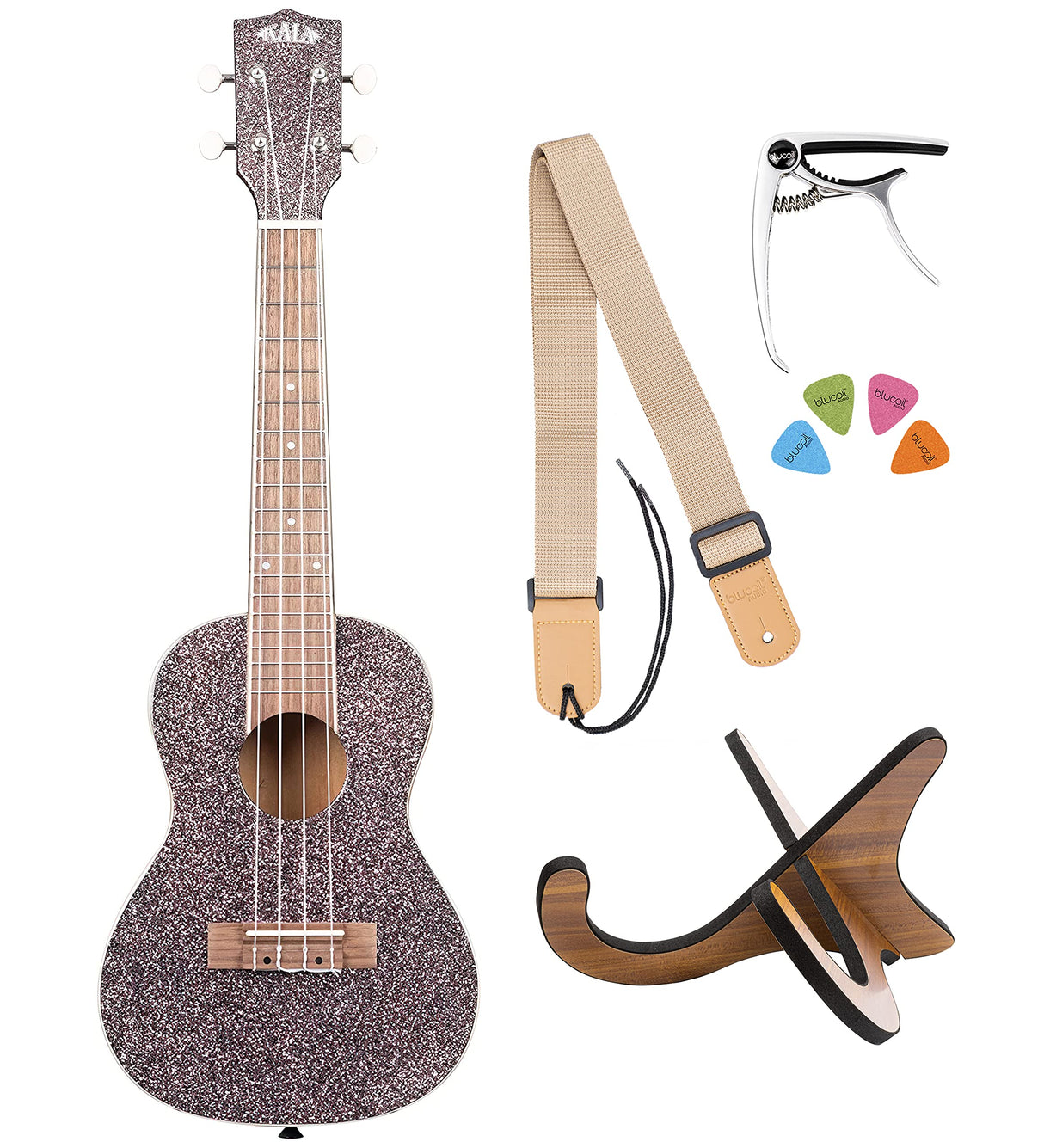 Kala KA-SPRK-PINK Sparkle Pink Champagne Concert Ukulele with Walnut Fretboard and Aquila Super Nylgut Strings Bundle with Blucoil Ukulele Accessories Kit