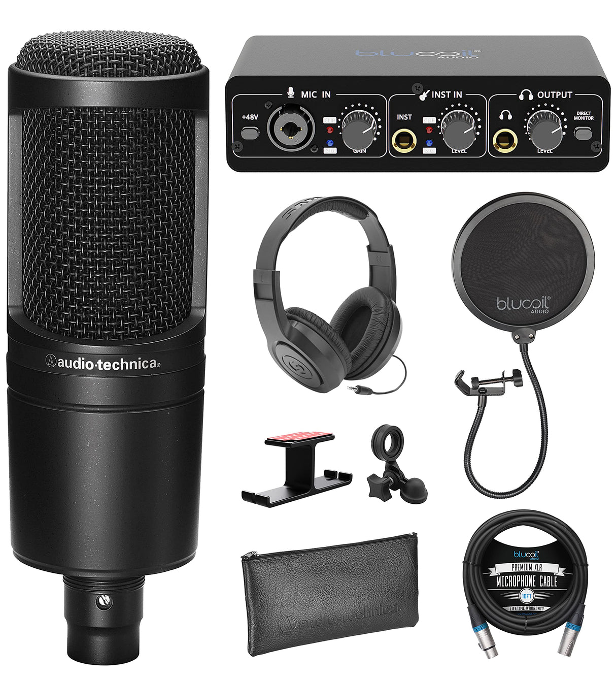 blucoil Audio Technica AT2020 Cardioid Condenser Studio XLR Microphone Bundle Portable USB Audio Interface, 10' XLR Cable, Pop Filter, Aluminum Headphone Hook, and Samson SR350 Headphones