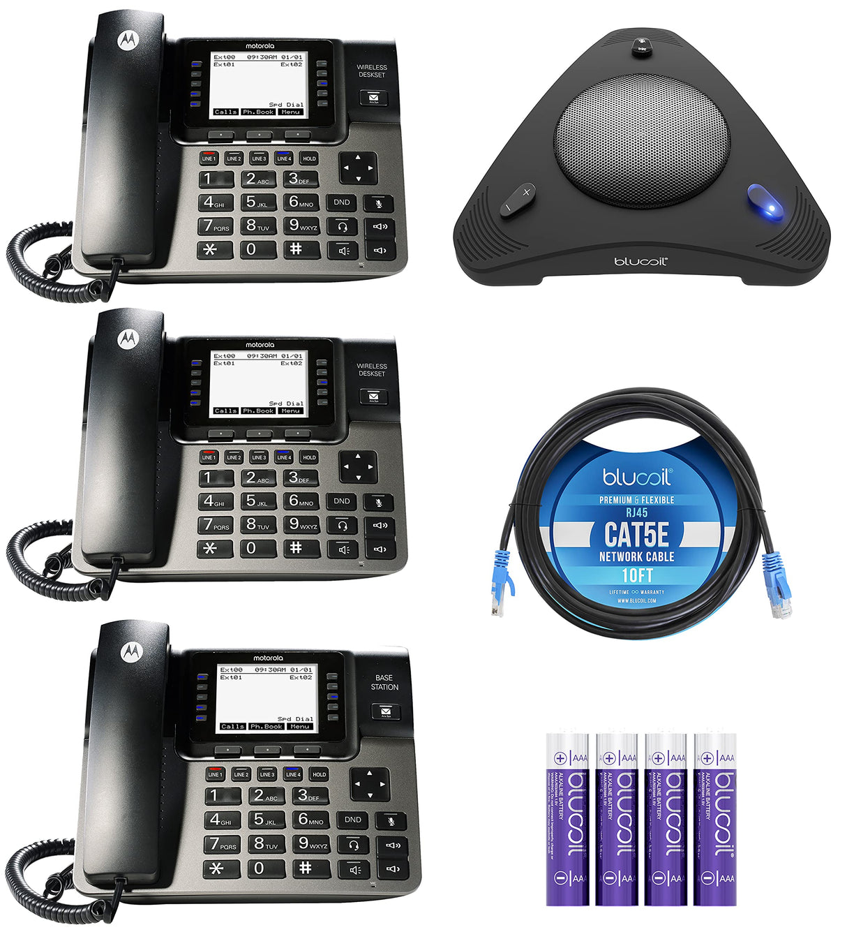 Moto rola ML1002D DECT 6.0 Expandable 4-Line Business Phone System with Voicemail, Digital Receptionist Bundle with Blucoil 4 AAA Batteries, 10' Cat5e Cable, and USB Conference Speakerphone