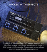 BOSS GT-1 Guitar Multi-Effects Processor Bundle with BOSS Tone Studio, Blucoil 9V DC Power Supply, 2-Pack of Pedal Patch Cables, and 4-Pack of Celluloid Guitar Picks