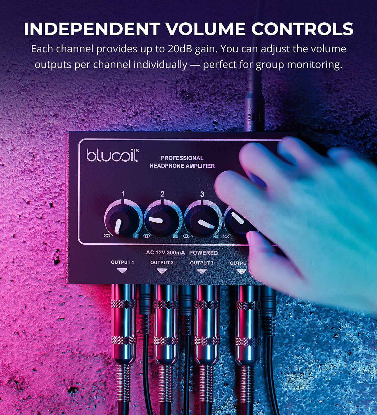 blucoil 4-Channel Headphone Amplifier Bundle with 12V Power Adapter, Samson SR350 Headphones, Aluminum Headphone Hook, 5' TRS to TS Stereo Breakout Cable, 6' 3.5mm Extension Cable, and 5X Cable Ties