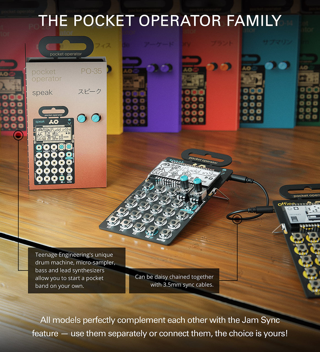 teen age engineer ing PO-35 Pocket Operator Speak Vocal Sampler/Sequencer Bundle with Blucoil 3-Pack of 7" Audio Aux Cables, and 4 AAA Batteries